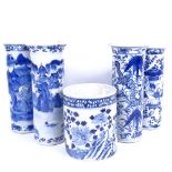 A group of 4 Chinese blue and white ceramic sleeve vases, and a Chinese blue and white brush pot,