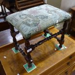 An upholstered stool on turned oak frame, W45cm, H42cm