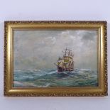 E H B White, oil on board, ship on rough seas, framed, overall 24cm x 33cm