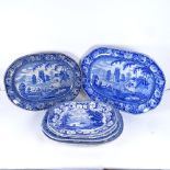 6 Victorian transfer printed meat plates, including Jedbergh Abbey, 2 "rural village" scene
