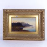 J Stewart, oil on canvas, sunset coastal view, original gilt frame, overall 37cm x 50cm