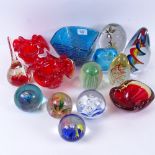 Various glass paperweights, tallest 16.5cm, an Art glass pot etc