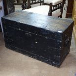 A 19th century stained pine and metal-bound seaman's trunk, W93cm, H52cm, D41cm