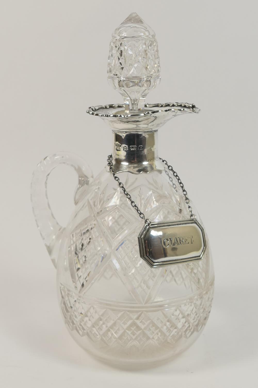 Edwardian silver mounted cut glass claret jug, Birmingham 1907, ovoid form cut with pineapple