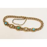 Edwardian gold, turquoise and pearl curb link bracelet, with safety chain, unmarked, length