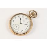 Waltham gold plated open faced pocket watch, circa 1930, 43mm white dial with Arabic numerals,