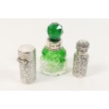 George V cut green tinted glass scent bottle, with silver mount, London 1922, 8cm; also a late