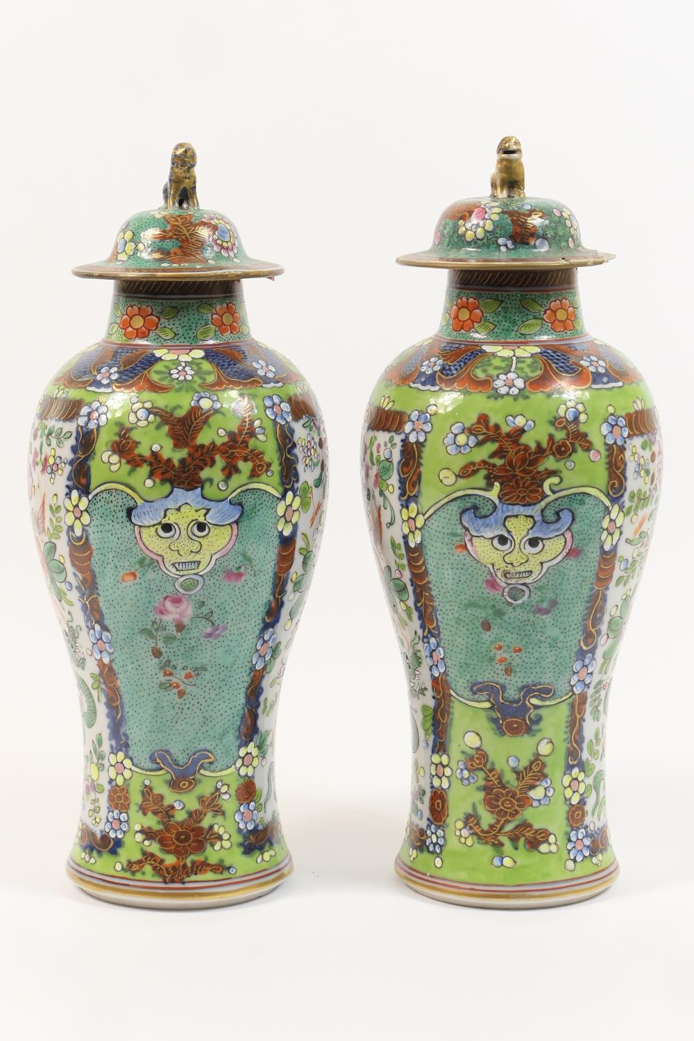 Pair of Chinese 'clobbered' export vases, early 19th Century with later decoration, each with a - Image 6 of 18