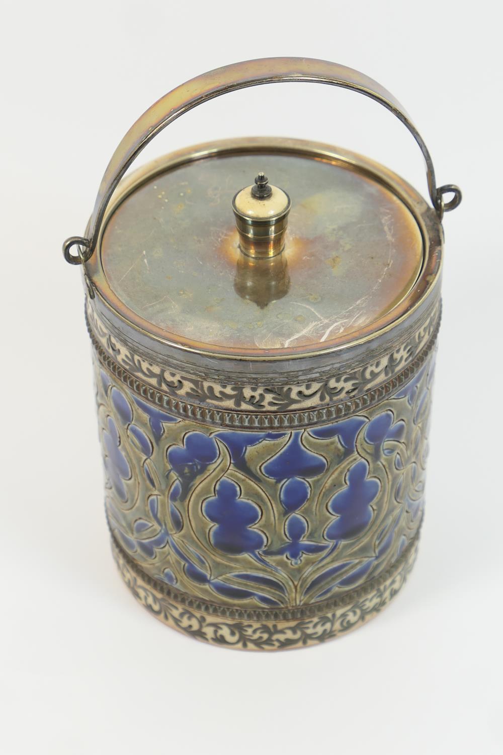 Doulton Lambeth biscuit barrel by Mark V Marshall, circa 1880, cylinder form with a silver plated - Image 2 of 7