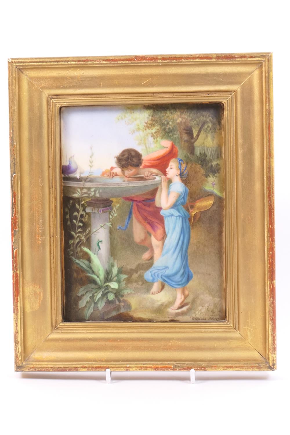 French hand decorated porcelain plaque, after Laure Levy, Young Love, indistinctly signed 'M