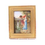 French hand decorated porcelain plaque, after Laure Levy, Young Love, indistinctly signed 'M