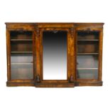 Victorian burr walnut chiffonier, circa 1860, breakfront with a central mirrored door flanked with
