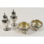 Pair of Victorian silver salts, by Josiah Williams & Co., Exeter 1879, with clear glass liners and