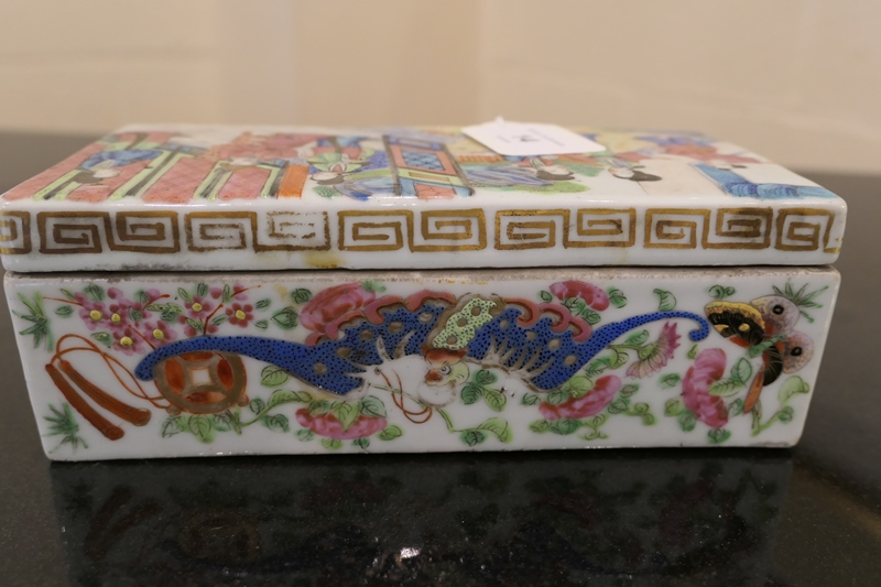 Chinese scholar's famille rose box and cover, early 19th Century, rectangular form, the lid - Image 7 of 10