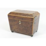 Yewood tea caddy, early 19th Century, sarcophagus form with boxwood and rosewood line inlays,