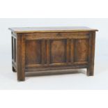 Oak joined coffer, early 18th Century, three plank top with later hinges, over three recessed