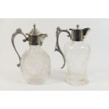 Late Victorian cut glass claret jug, circa 1890, with silver plated mount, hinged cover and mask