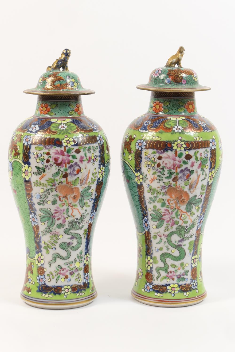 Pair of Chinese 'clobbered' export vases, early 19th Century with later decoration, each with a - Image 4 of 18