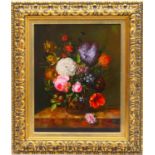 H Antone (Contemporary), Still life of roses, hydrangea and wallflowers in a vase, signed acrylic on