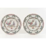 Pair of Chinese famille rose plates, late 18th or early 19th Century, decorated to the centre with