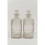 Pair of Regency cut glass spirit decanters, circa 1810-25, canted square form, hobnail cut at the