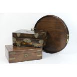 Victorian coromandel and brass mounted jewellery box, 27.5cm x 19.5cm; also a Victorian rosewood and