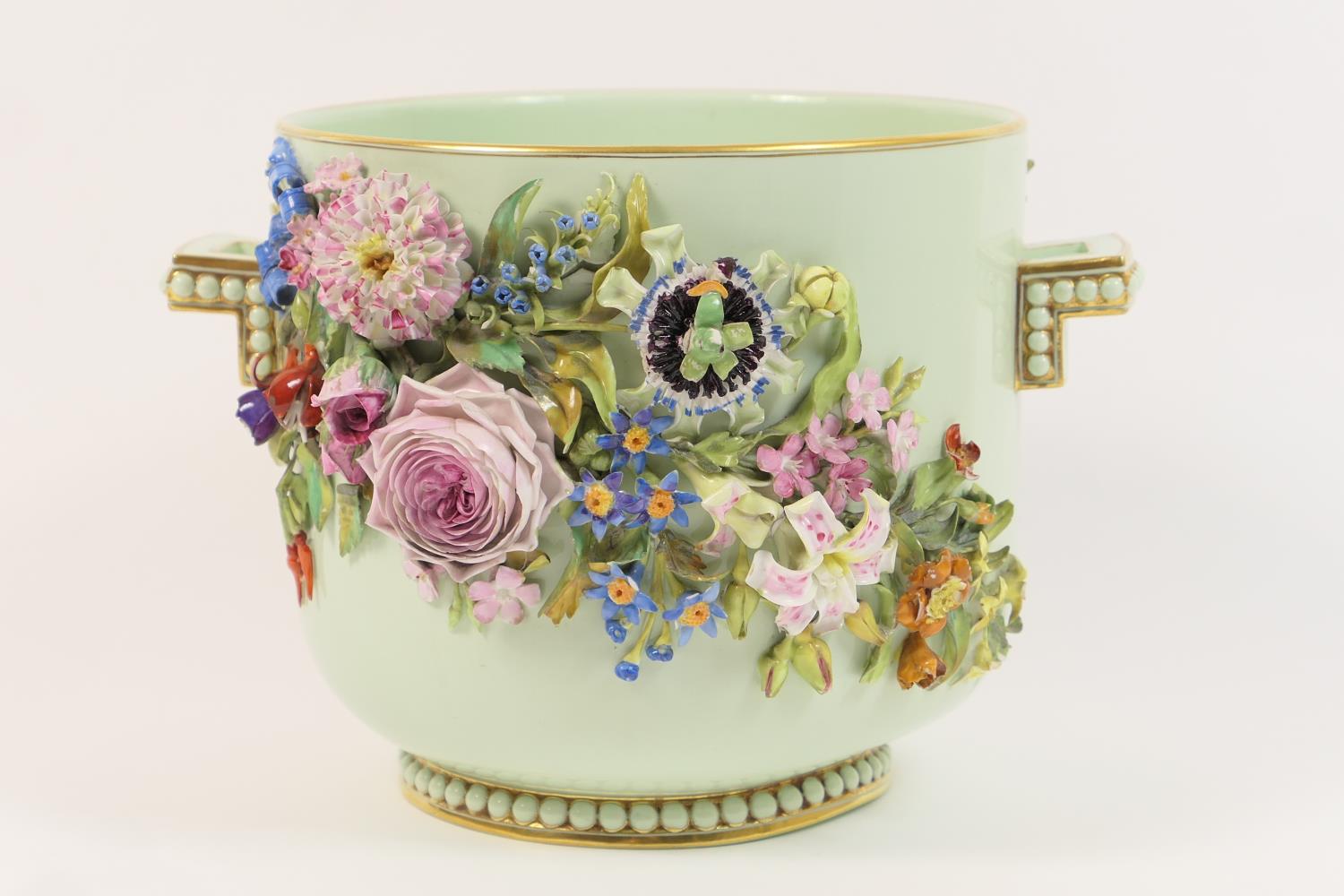 French porcelain floral encrusted jardiniere, pale celadon ground decorated with an abundance of - Image 2 of 13