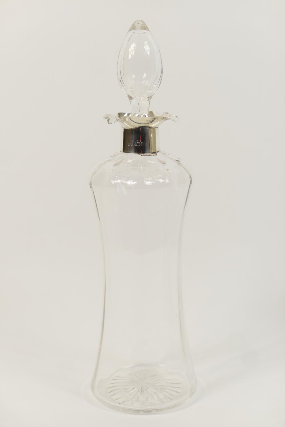 Edwardian silver mounted glass decanter, by Elkington & Co., London 1906, having a tear shaped