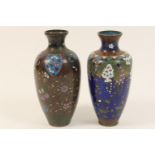 Two small cloisonne vases, shouldered ovoid form, one decorated with wisteria against a sparkling