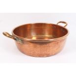 Victorian heavy copper twin handled braising pan, 43cm diameter