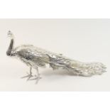 Japanese silver plated peacock, naturalistically cast, signed, 41cm
