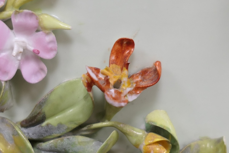 French porcelain floral encrusted jardiniere, pale celadon ground decorated with an abundance of - Image 6 of 13