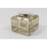 Edwardian silver mounted heavy cut glass inkwell, Birmingham 1907, of canted rectangular form with