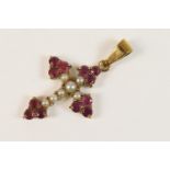 Ruby and pearl cross form pendant, set in 18ct yellow gold, 31mm x 19mm, gross weight approx. 3.6g