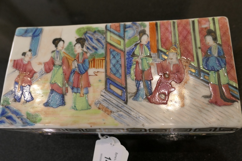 Chinese scholar's famille rose box and cover, early 19th Century, rectangular form, the lid - Image 3 of 10