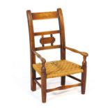 Welsh child's ash armchair, early 19th Century, with bar back, turned open arms, later string