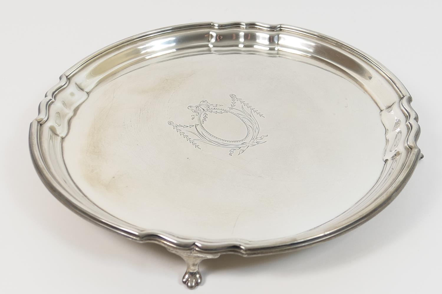 George V silver card tray, by Roberts & Belk, Sheffield 1926, circular form engraved with a vacant