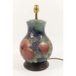 Moorcroft Finches and Fruits baluster table lamp, blue ground, with original fitments (no shade),