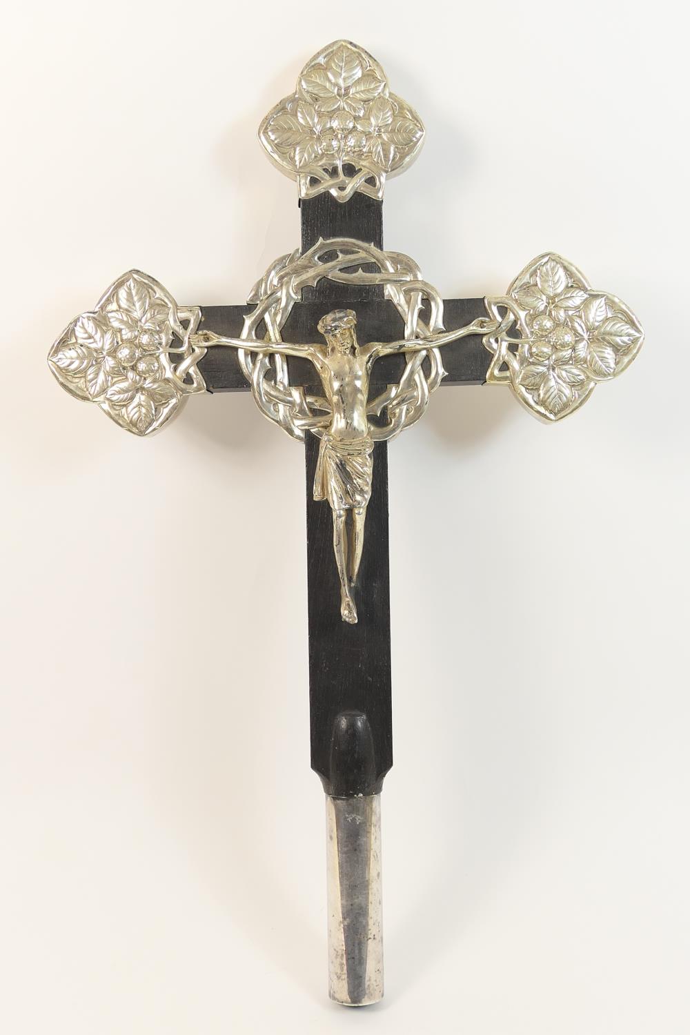 Arts and Crafts style white metal and ebonised crucifix, early 20th Century, 59cm