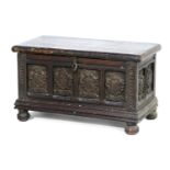 Flemish carved oak marriage chest, 19th Century, carved with four heraldic arms to the front, with a