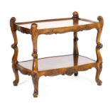 Victorian style walnut two tier whatnot, having two rectangular slightly galleried shelves with