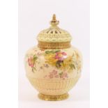 Royal Worcester peach ground pot pourri jar and cover, circa 1902, decorated with coloured floral