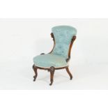 Victorian carved walnut and upholstered lady's salon chair, blue foliate fabric upholstered pad back