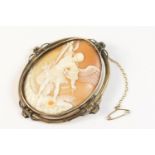 Victorian carved shell cameo featuring Perseus slaying the Gorgon, mounted within an unmarked gold