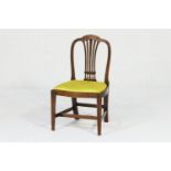 Hepplewhite period mahogany side chair, circa 1780, having a fan pierced splat back, lemon silk
