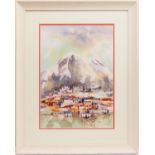 John Morris (Contemporary), Village beneath a snow capped mountain, watercolour, pen and ink, signed