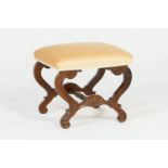 Early Victorian rosewood and upholstered dressing stool, circa 1845, beige fabric upholstered square