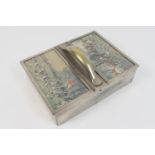 George V nickel mounted double sided cigar and cigarette box, centred with a carrying handle, the