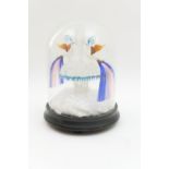 Victorian spun glass table ornament, worked as two birds on a fountain, in coloured and clear glass,