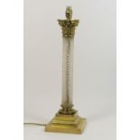 Cut crystal and brass Corinthian column table lamp, fitted for electricity, height 48cm to the top